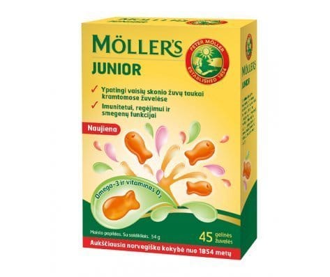 MOLLER'S JUNIOR OMEGA-3 gel Goldfish, 45tabl. Fish oil has never been so delicious! Superb fruit flavors omega-3 gel fishes Moller's Junior contains irreplaceable omega-3 fatty acids and vitamin D3